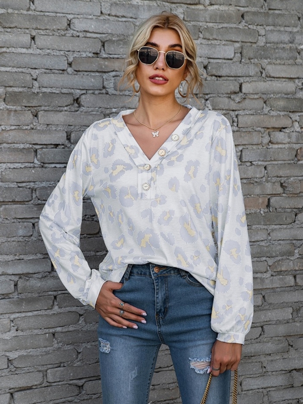 V-Neck Button Pullover Top in Ivory Leopard